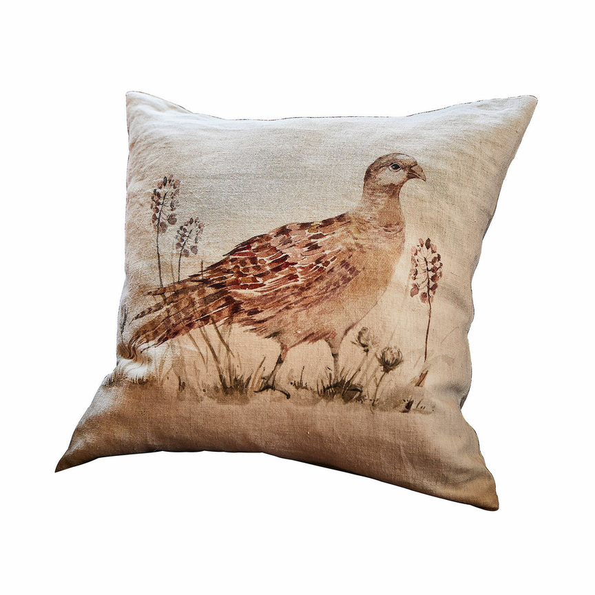 Dekoratives Kissen aus Leinen in Beige mit Vogel- und Pflanzenmotiv, Wohntextil